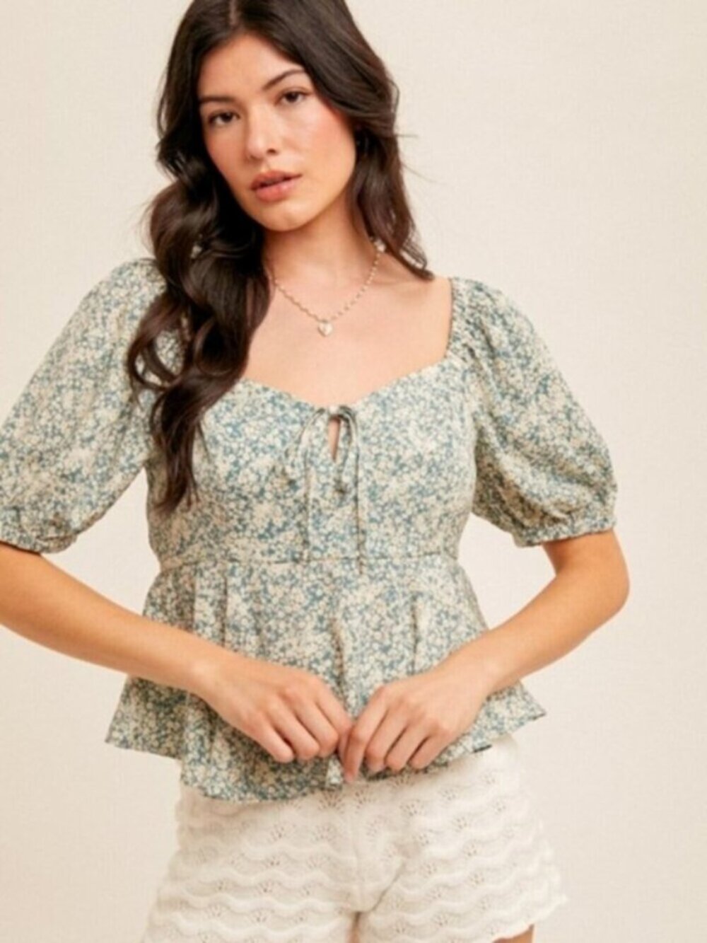 HEM & THREAD Teal Floral Puff Sleeve Ruffle Detail Blouse NWT